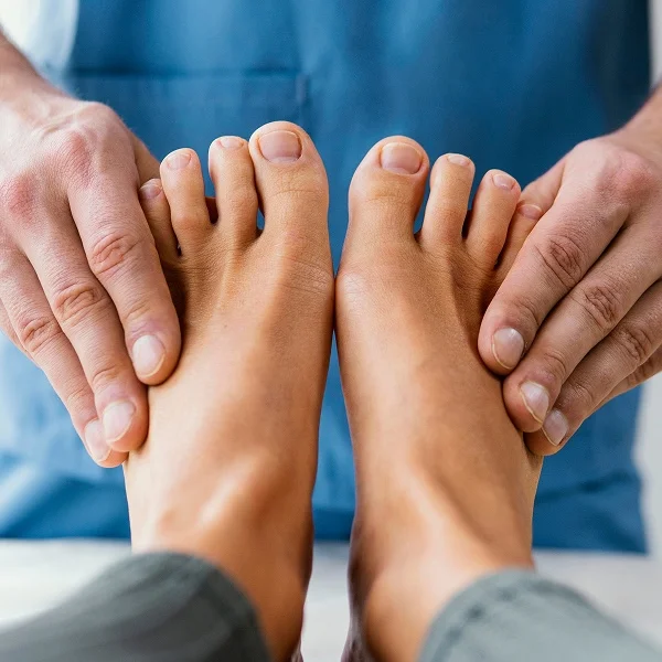 Une personne recevant un massage des pieds, détendue, assise sur une chaise avec un thérapeute à ses pieds.