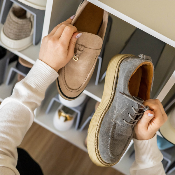 A person selecting comfortable footwear, showcasing various shoe options for optimal comfort and style.